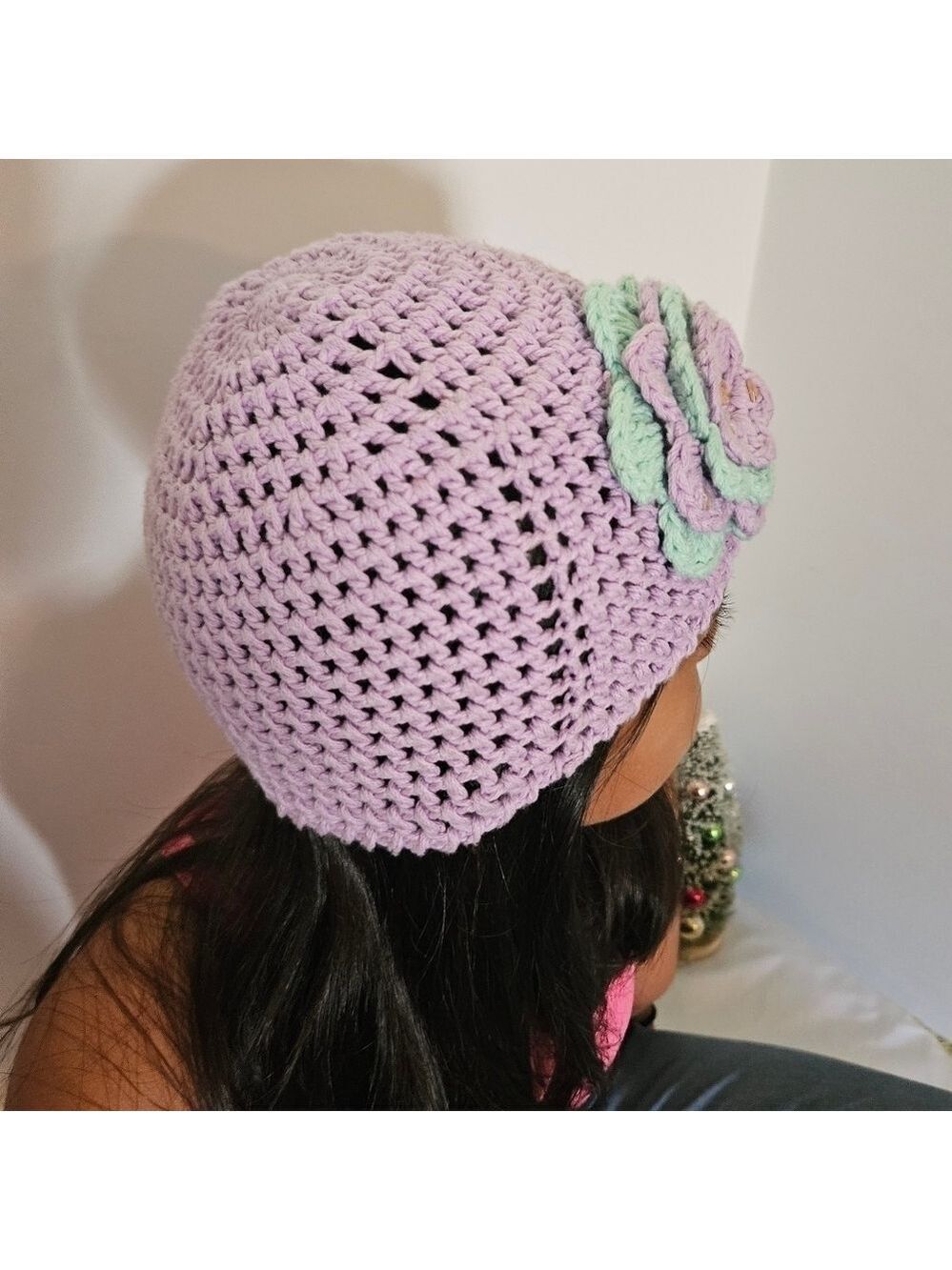 Hand Crafted upcycle crochet lavander Beanie handmade flower grannycore girl hat - Picture 13 of 17
